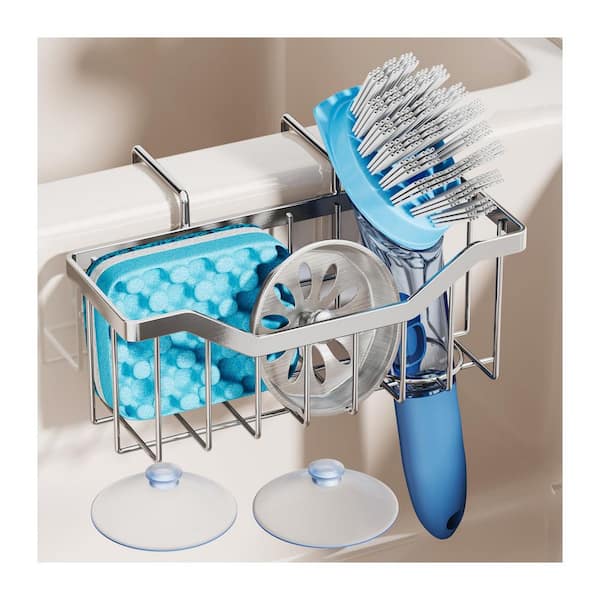 Silver Stainless Steel Sink Caddy with Brush Holder No Drill Rustproof Kitchen Organizer Quick Dry Design