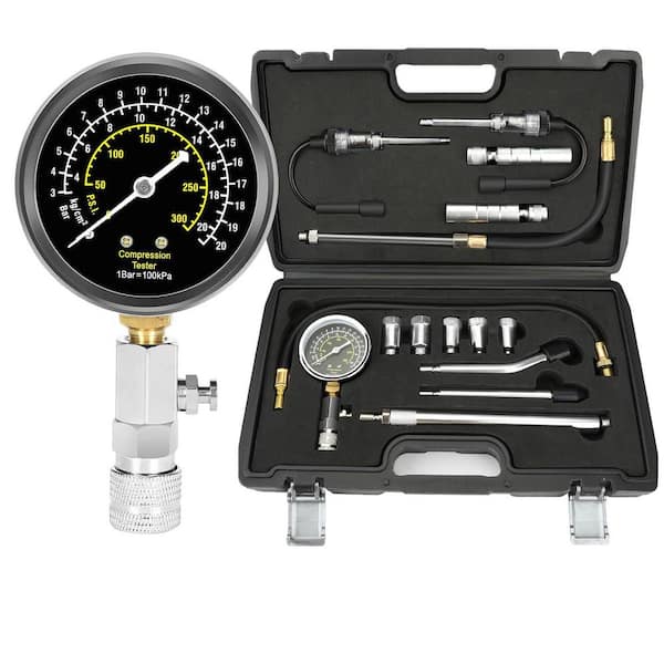 15pcs Engine Cylinder Compression Tester Gauge Kit with 14mm 16mm Magnetic Swivel Spark Plug Socket Tool Set