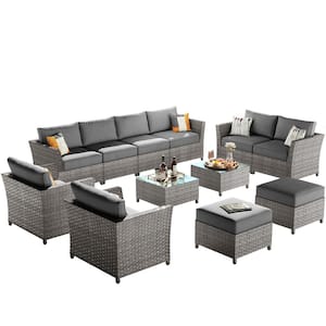 Huron Gorden Brown 12-Piece Wicker Outdoor Patio Conversation Sectional Sofa Set with Dark Gray Cushions