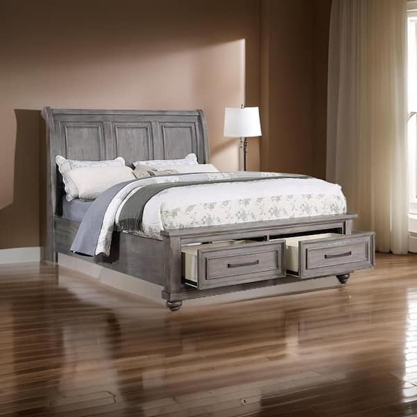 Benjara Demi Gray Wood Frame King Size Platform Bed with 2 Storage Drawers