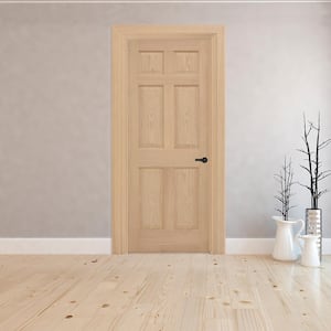 36 in. x 80 in. 6-Panel Left-Hand Unfinished Red Oak Wood Prehung Interior Door with Nickel Hinges