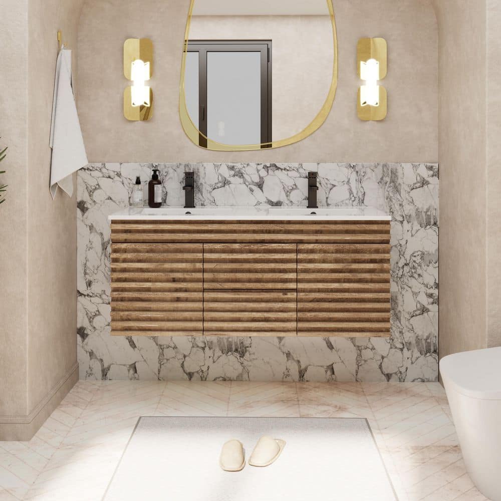 48 in. W x 17.7 in. D x 19.7 in. H Floating Double Sink Bath Vanity in Oak with White Resin Top and Drain Faucet Set price history on PriceWatchPro