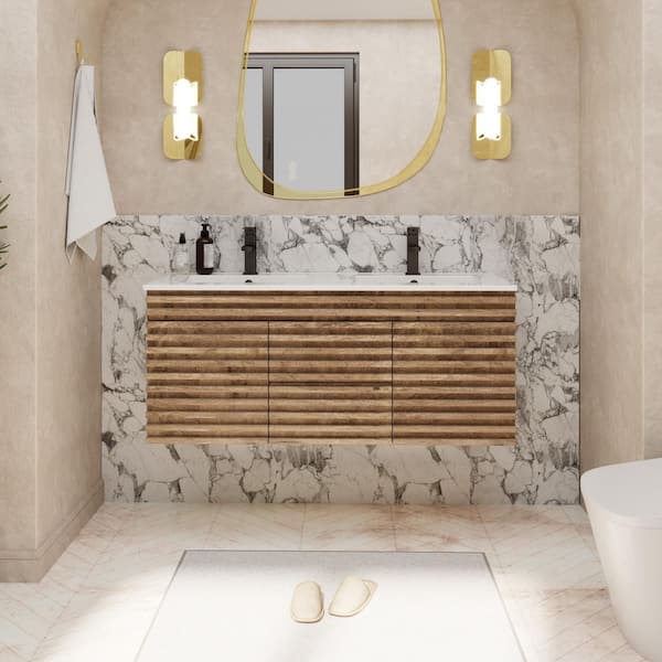 48 in. W x 17.7 in. D x 19.7 in. H Floating Double Sink Bath Vanity in Oak with White Resin Top and Drain Faucet Set