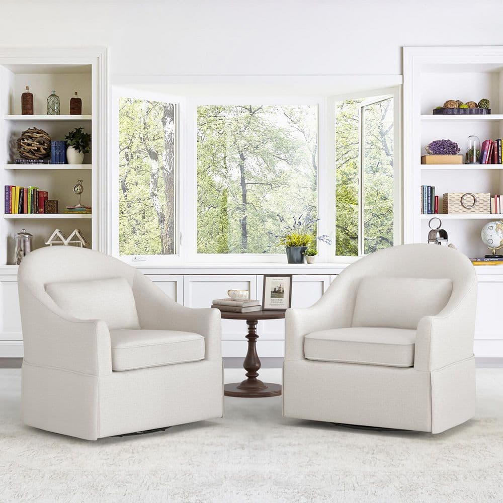 Masa 30 in. Cream Tweed Fabric Upholstered Swivel Accent Chair Skirted Silhouette Paired Cushions Set of 2