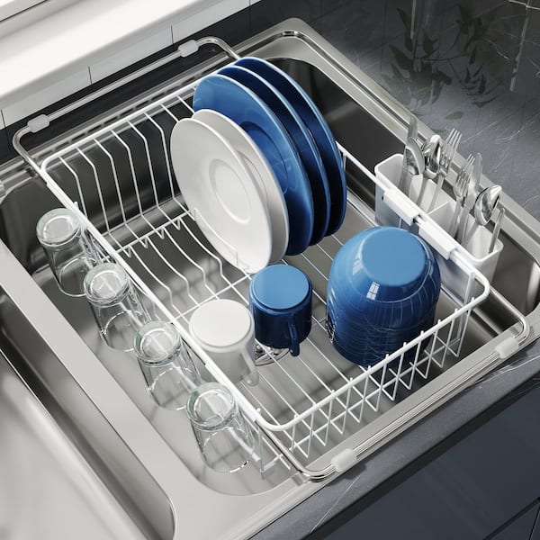 White Stainless Steel Over Sink Dish Rack Adjustable In-Sink Dish Drainer for Countertop and Sink Use