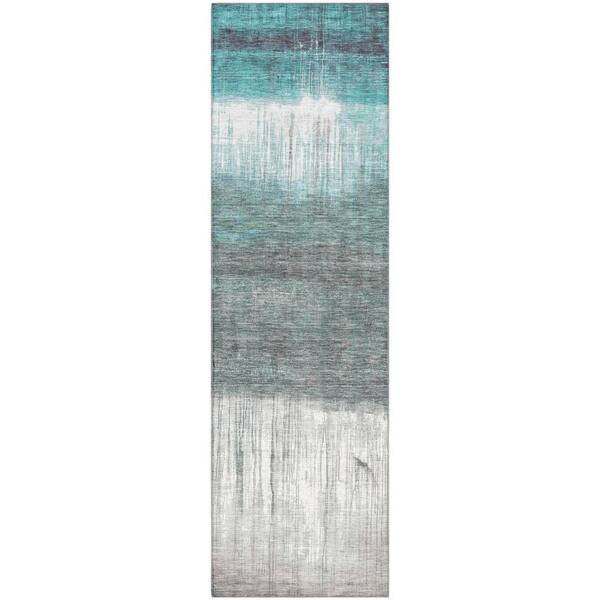 Mayfield Premium Machine Washable Abstract AMF2118 Teal 2 ft. x 7 ft. Runner Rug