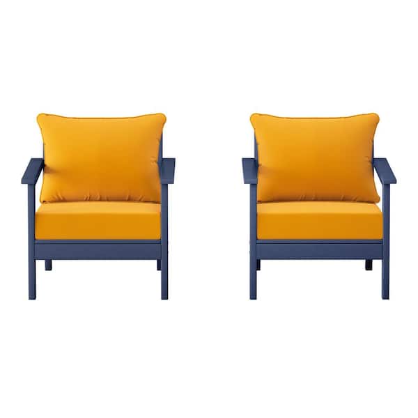 Birchwood Navy Blue Outdoor Patio (Set of 2) Deep Seating HDPE Lounge Chairs w/ Yellow Cushions