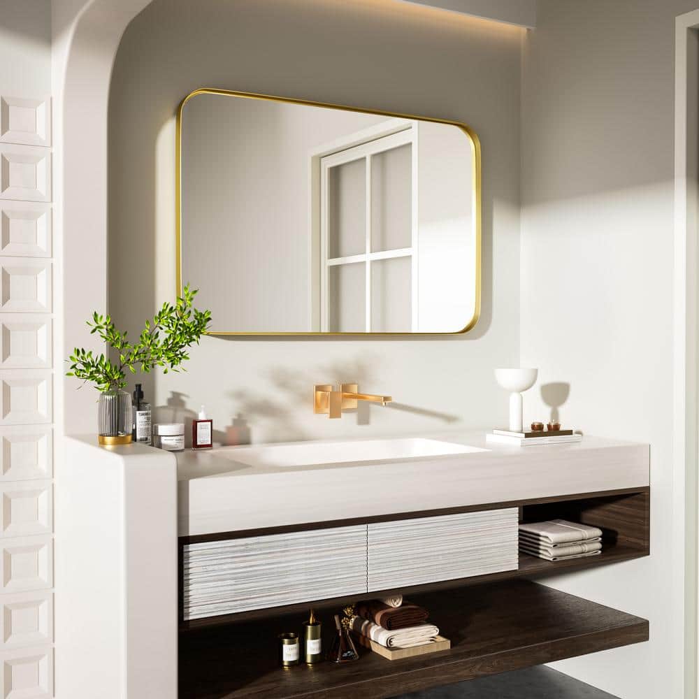 24 in. W x 36 in. H Tempered Glass Rounded Rectangle Framed Wall-Mounted Bathroom Vanity Mirror in Gold price history on PriceWatchPro