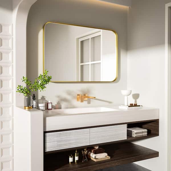 HOMEIBRO 24 in. W x 36 in. H Tempered Glass Rounded Rectangle Framed Wall-Mounted Bathroom Vanity Mirror in Gold