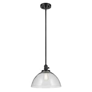 Avery 14 in. 1-Light Black Vintage Industrial Shaded Dome Kitchen Hanging Pendant Light with Clear Seeded Glass