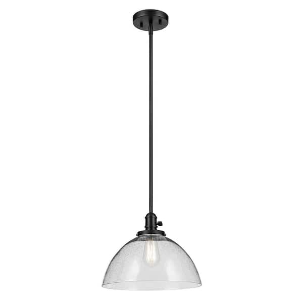 Avery 14 in. 1-Light Black Vintage Industrial Shaded Dome Kitchen Hanging Pendant Light with Clear Seeded Glass