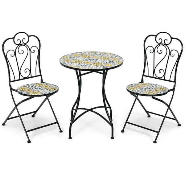 Gymax 3-Piece Metal Mosaic Bistro Set Patio Conversation Set with Round Table & Folding Chairs