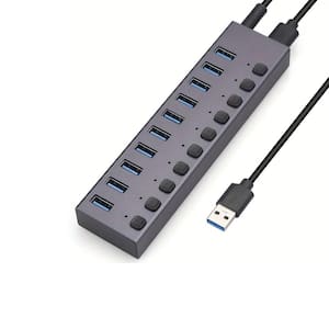 10-Ports USB Hub with 12-Volt High Power Supply in Black, (1-Pack)