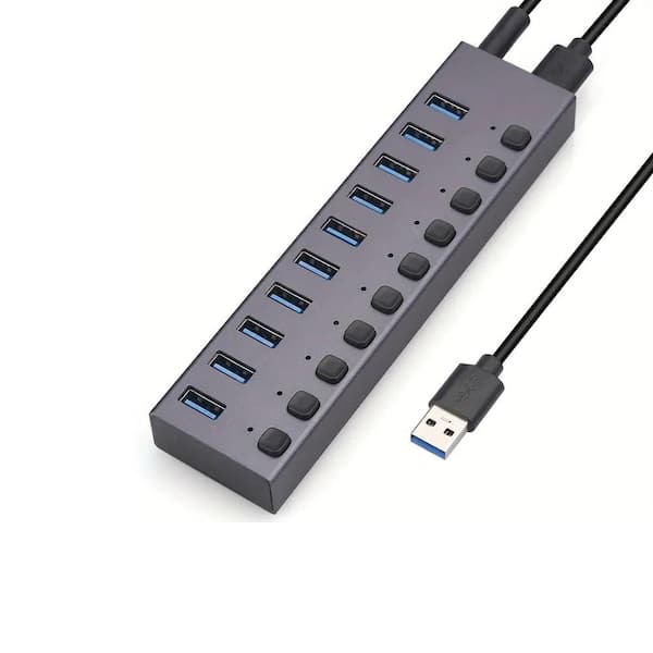 Etokfoks 10-Ports USB Hub with 12-Volt High Power Supply in Black, (1-Pack)