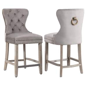 Harper 24 in. in Gray Velvet Tufted Wingback Kitchen Counter Bar Stool with Solid Wood Frame in Antique Gray (Set of 2)