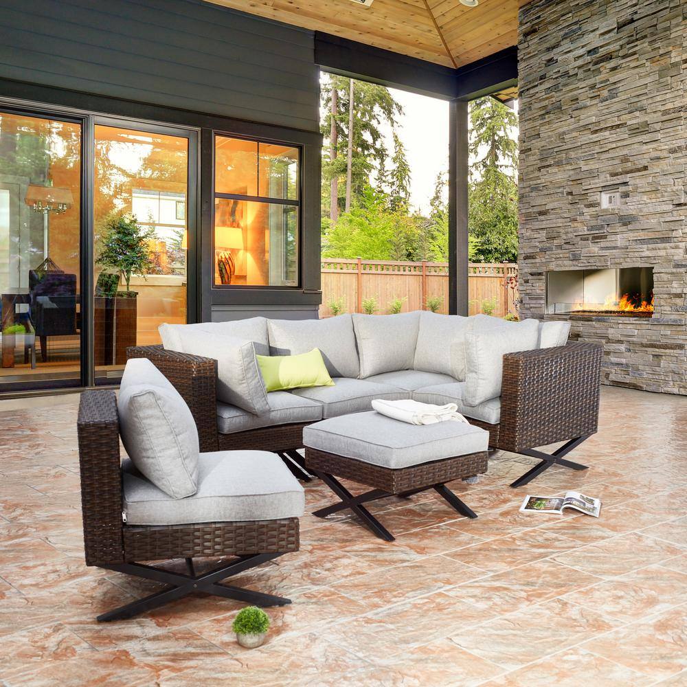 Patio Festival XLeg 6Piece Wicker Patio Conversation Sectional Seating Set with Gray Cushions