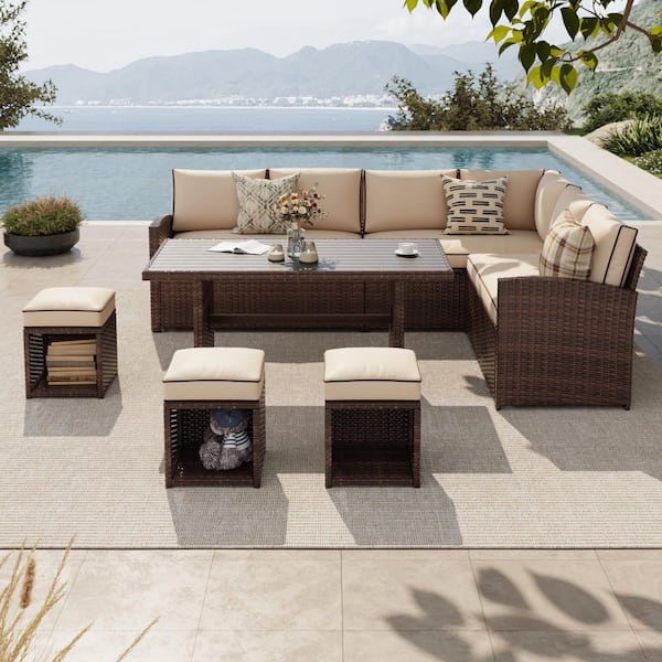 7-Piece Wicker Brown Outdoor Patio Conversation Set with Dining Table and Ottomans, Beige Cushions