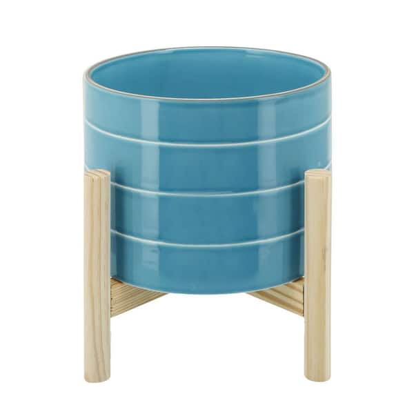 Flynama 8 in. Blue Ceramic Planter Stand Plant Pot with Wood Stand Feet for Outdoor/Indoor (1-Pack)