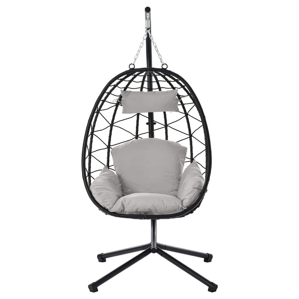 Black Wicker Egg Chair with Light Gray Cushions and Pillow for Porch, Backyard