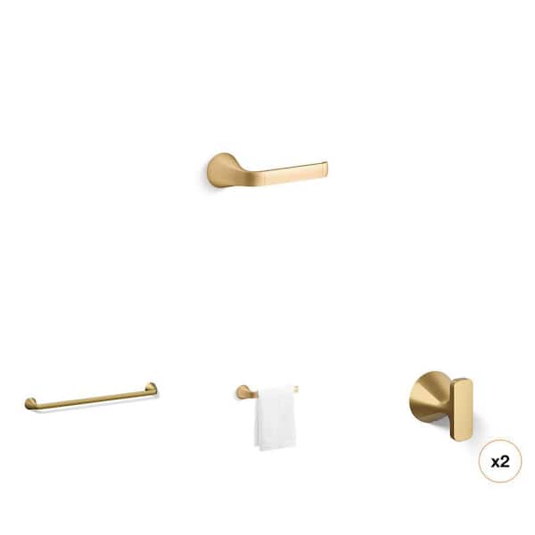 Cursiva Vibrant Brushed Moderne Brass Bath Set: 24 in. Towel Bar, Ring, Toilet Paper Holder, Robe Hook