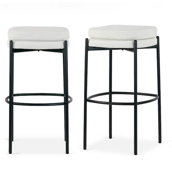 Glamour Home Avril 30 in. White Boucle Metal Backless Bar Stool with Black Metal Legs Set of 2