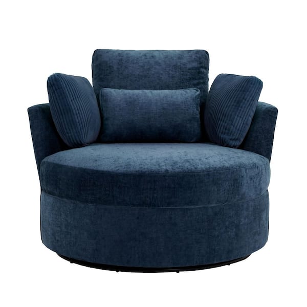 Navy Blue Cotton Upholstered 360° Swivel Accent Barrel Chair with Corduroy Pillows (Set of 1)