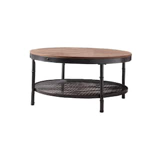 35.43 in. Walnut Round MDF Wood Top Coffee Table with Mesh Shelf