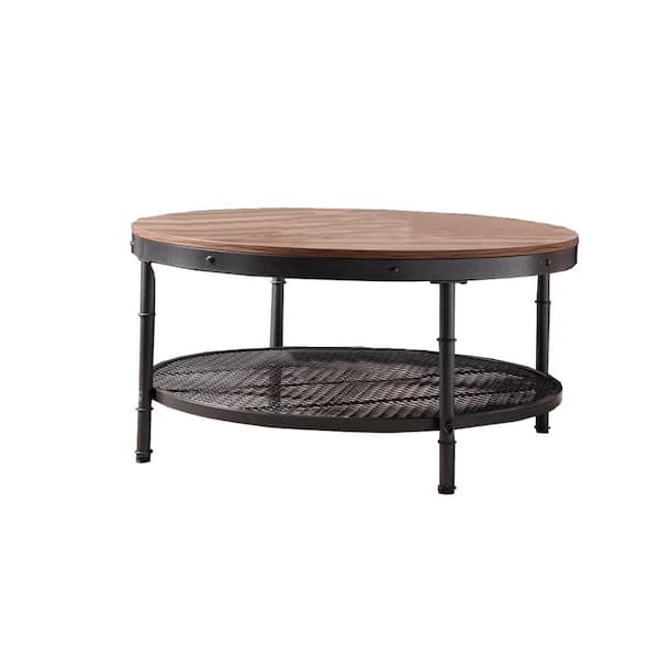 Amucolo 35.43 in. Walnut Round MDF Wood Top Coffee Table with Mesh Shelf