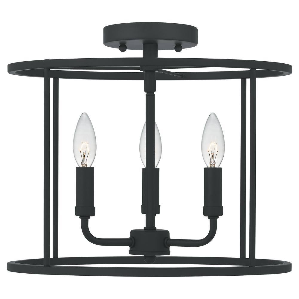 Abner Matte Black 14" Transitional Semi-Flush Mount with Hammered Glass