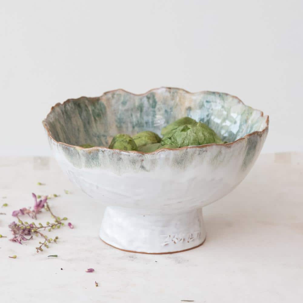Green and Brown Stoneware Serving Bowl with Stand