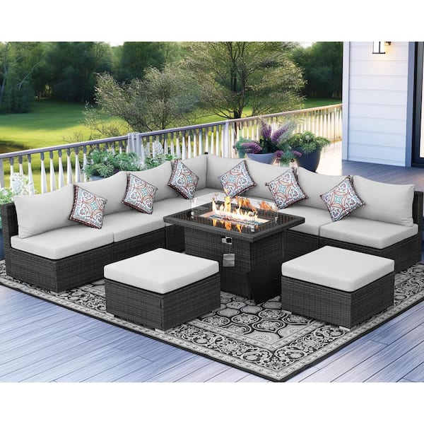 FINCATI Modern 10-Piece Charcoal Wicker Patio Fire Pit Deep Sectional Seating Sofa Set with Light Grey Cushions and Ottomans
