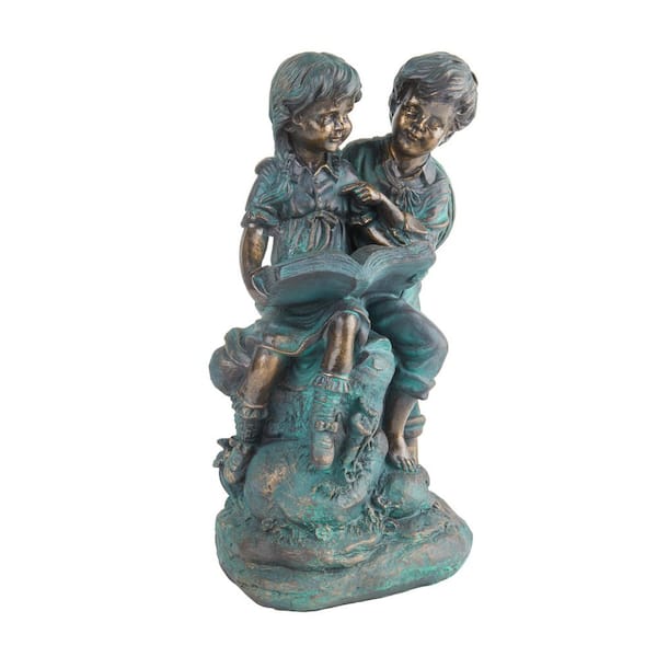 15 in. Tall Indoor/Outdoor Girl and Boy Reading Together Statue Yard Art Decoration
