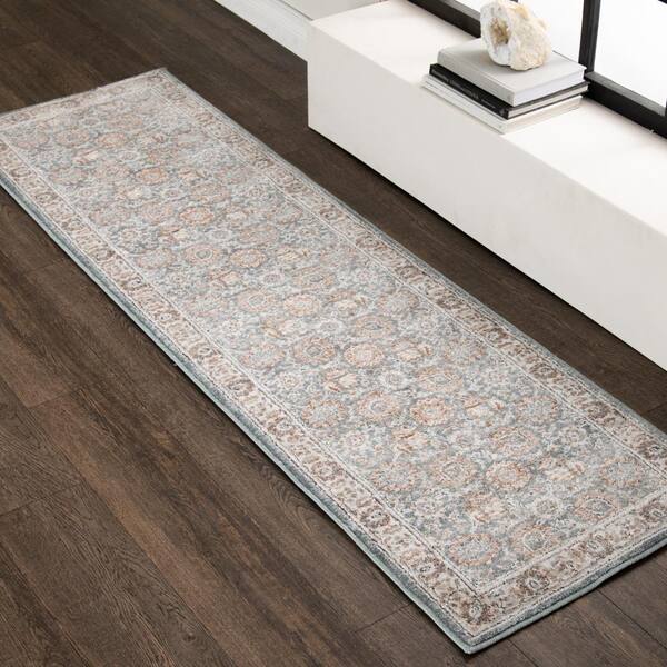 Reynell Light Blue Doormat 2 ft. x 7 ft. Floral Area Rug