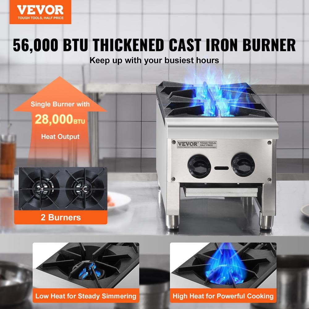 Silver Stainless Steel 2-Burner Gas Cooktop with Manual Ignition