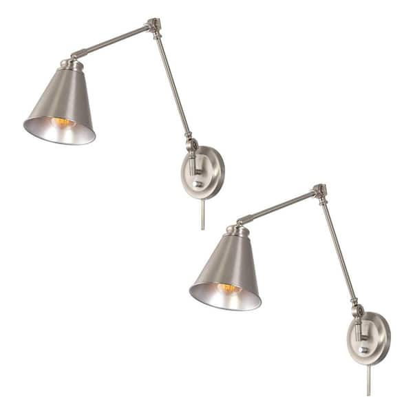 Kira Home Ellis 60-Watt 1-Light Brushed Nickel Vintage Wall Sconce with Brushed Nickel Shade, 2-Pack