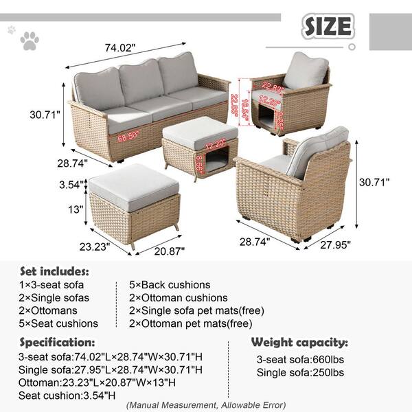 HOOOWOOO Echo Beige 7-Piece Wicker Multi-functional Pet Friendly Outdoor Patio Conversation Sofa Set with Light Green Cushions