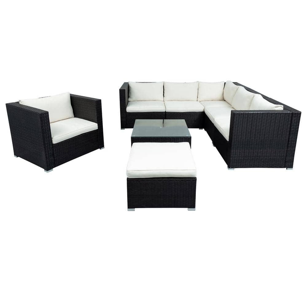 Brown 8-Piece Wicker Patio Conversation Sectional Seating Set with Beige Cu