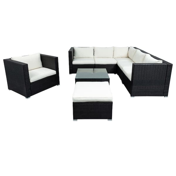 Unbranded Brown 8-Piece Wicker Patio Conversation Sectional Seating Set with Beige Cushions