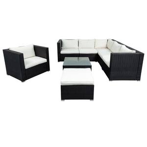 Brown 4-Piece Wicker Metal Fabric Outdoor Sectional Set with Beige Cushions