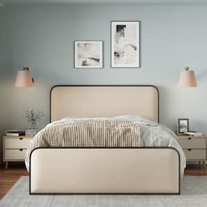 Beige Metal Frame Full Platform Beds with Footboard and Headboard