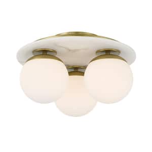 Orban 15 in. 3-Light Soft Brass and Faux Alabaster Semi Flush Mount with Etched Opal Glass Shades