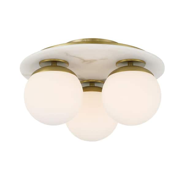 Minka Lavery Orban 15 in. 3-Light Soft Brass and Faux Alabaster Semi Flush Mount with Etched Opal Glass Shades