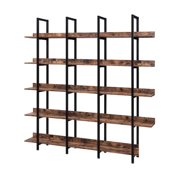 Z-joyee 70.87 in. Brown Metal 5 Shelf Standard Bookcase with Wood Shelf