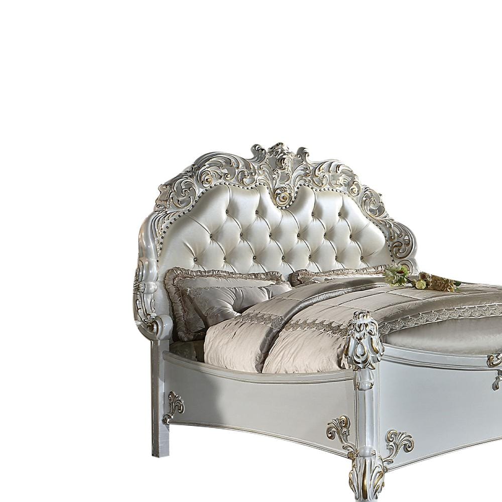 Vendome Queen Bed with Antique Pearl Finish and Tufted Upholstery