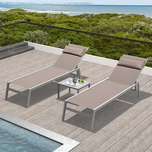 3-Piece Khaki Outdoor Aluminum Adjustable Chaise Lounge with Side Table