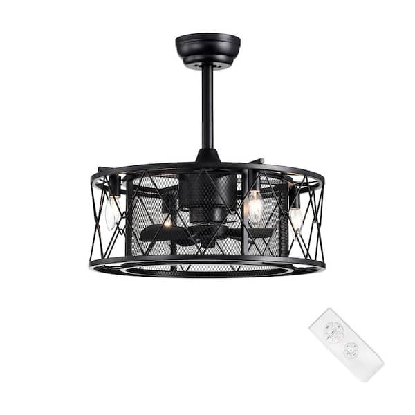 Edvivi 20 in. Industrial Indoor Matte Black Mesh Drum Reversible Ceiling Fan with Light Kit and Remote Control