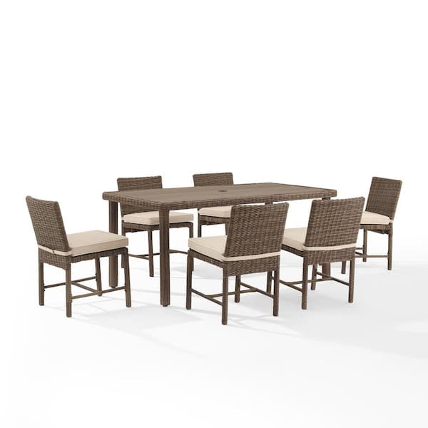 CROSLEY FURNITURE Bradenton Weathered Brown 7-Piece Wicker Rectangular Outdoor Dining Set with Sand Cushions