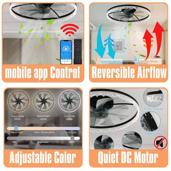 24 in. Integrated LED Indoor Black Low Profile Ceiling Fan with Lights, Flush Mount Smart App Remote Control Ceiling Fan