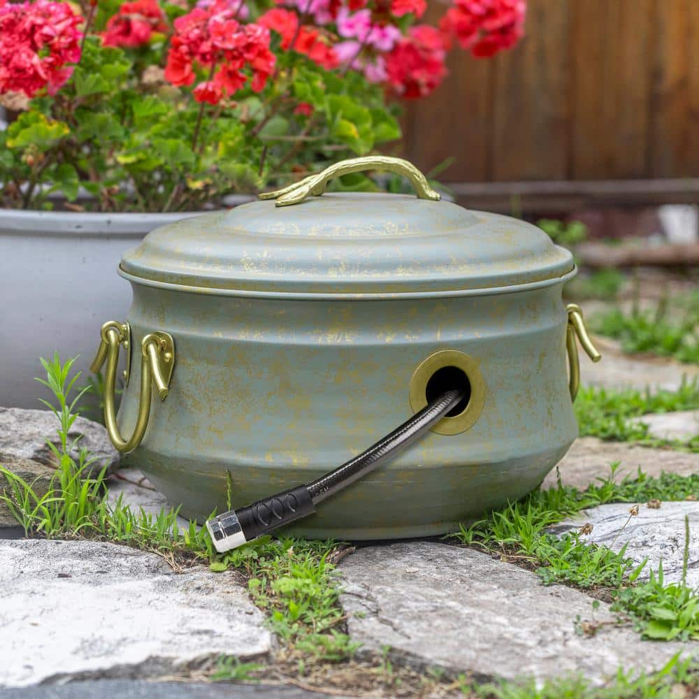 Verdigris Brass Finish 19" Garden Hose Holder Pot