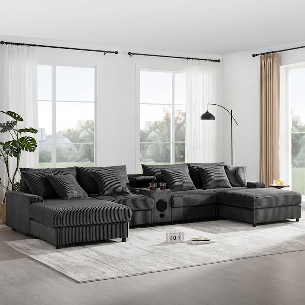 144 in. Corduroy U-Shaped Sectional Sofa in Dark Gray with 2-Ottomans, Bluetooth Speakers, Console, USB Charger
